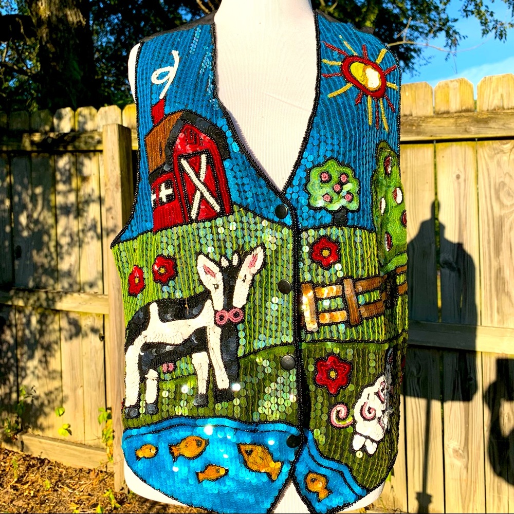 Vintage Sequin Art Masterpiece Farm yard Scene w Cows The Quacker Factory Medium